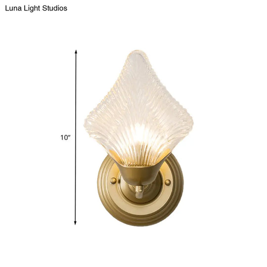 Vintage Clear Ribbed Glass Wall Sconce Light With Gold Finish - Shell Design