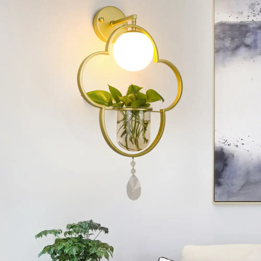 Vintage Clover Gold Metal Pendant Light With Crystal Accent - Led Suspension Lamp