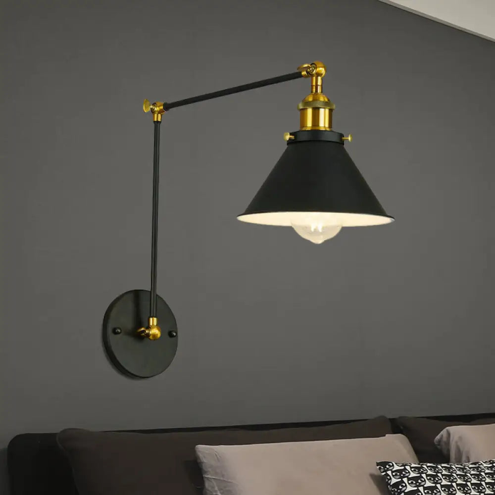 Vintage Cone Metal Wall Sconce With Swing Arm - 1 Bulb Restaurant Lighting Fixture In Black