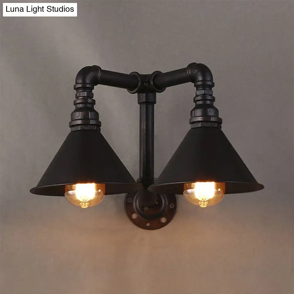 Vintage Cone Wall Lamp - 2-Light Metallic Sconce In Black 14.5/18.5 Width