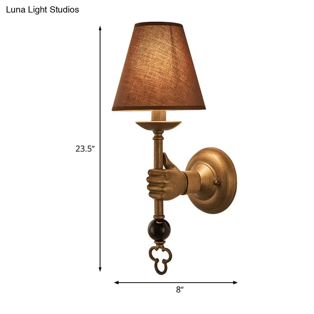 Vintage Cone Wall Light In Brass With Fabric Shade - Bedroom Sconce Fixture