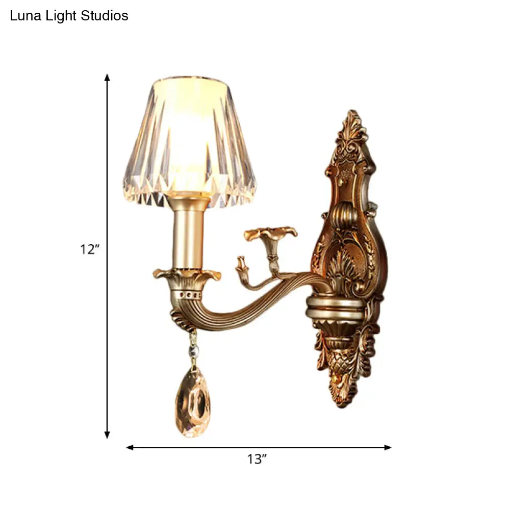 Vintage Conic Sconce Light With Clear Acrylic Shade & Carved Arm In Gold - 1/2-Head Wall Fixture