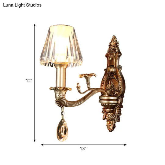 Vintage Conic Sconce Light With Clear Acrylic Shade & Carved Arm In Gold - 1/2-Head Wall Fixture