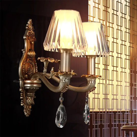 Vintage Conic Sconce Light With Clear Acrylic Shade & Carved Arm In Gold - 1/2-Head Wall Fixture 2 /