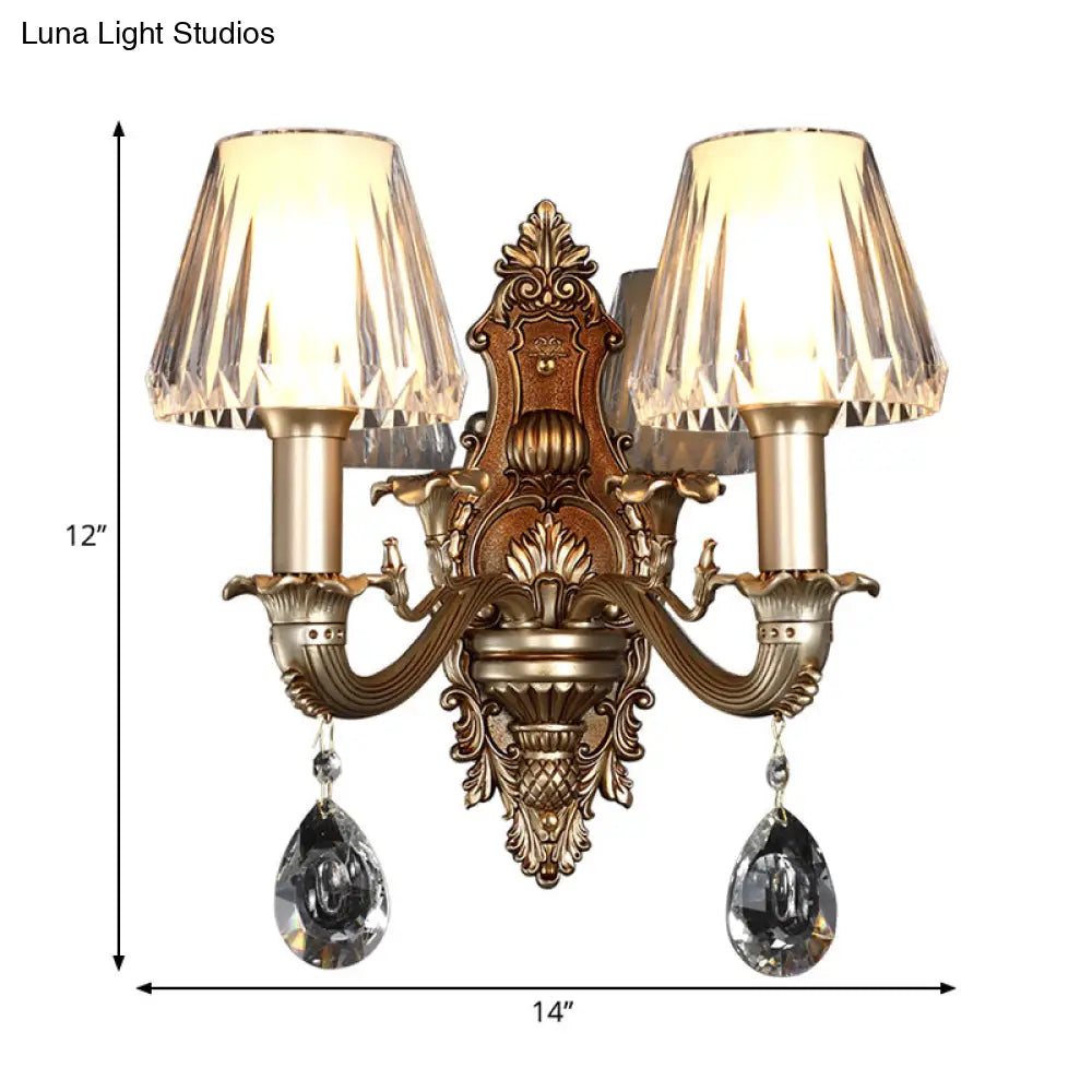 Vintage Conic Sconce Light With Clear Acrylic Shade & Carved Arm In Gold - 1/2-Head Wall Fixture