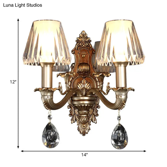 Vintage Conic Sconce Light With Clear Acrylic Shade & Carved Arm In Gold - 1/2-Head Wall Fixture