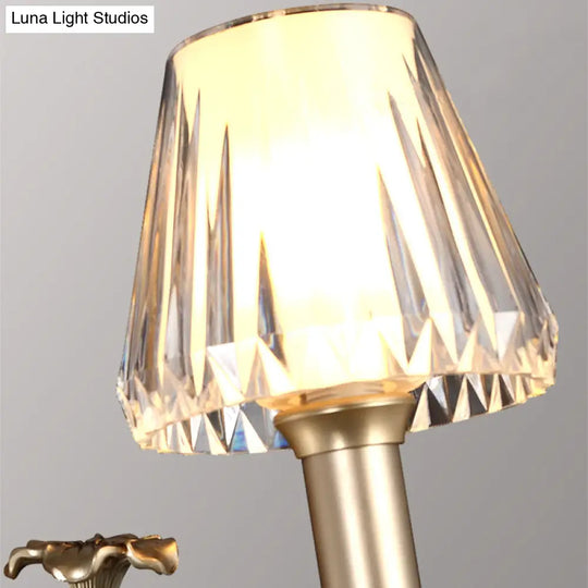 Vintage Conic Sconce Light With Clear Acrylic Shade & Carved Arm In Gold - 1/2-Head Wall Fixture