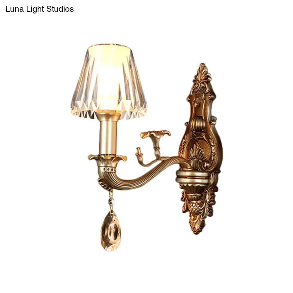 Vintage Conic Sconce Light With Clear Acrylic Shade & Carved Arm In Gold - 1/2-Head Wall Fixture