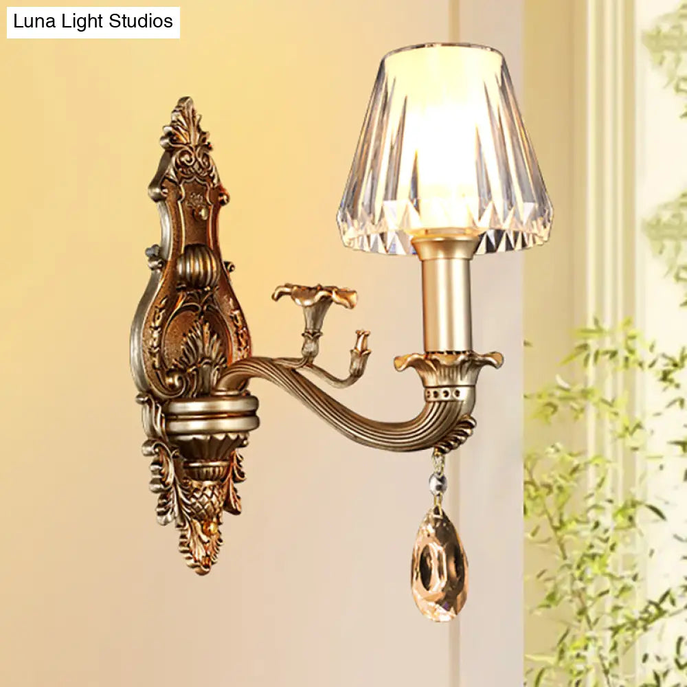 Vintage Conic Sconce Light With Clear Acrylic Shade & Carved Arm In Gold - 1/2-Head Wall Fixture