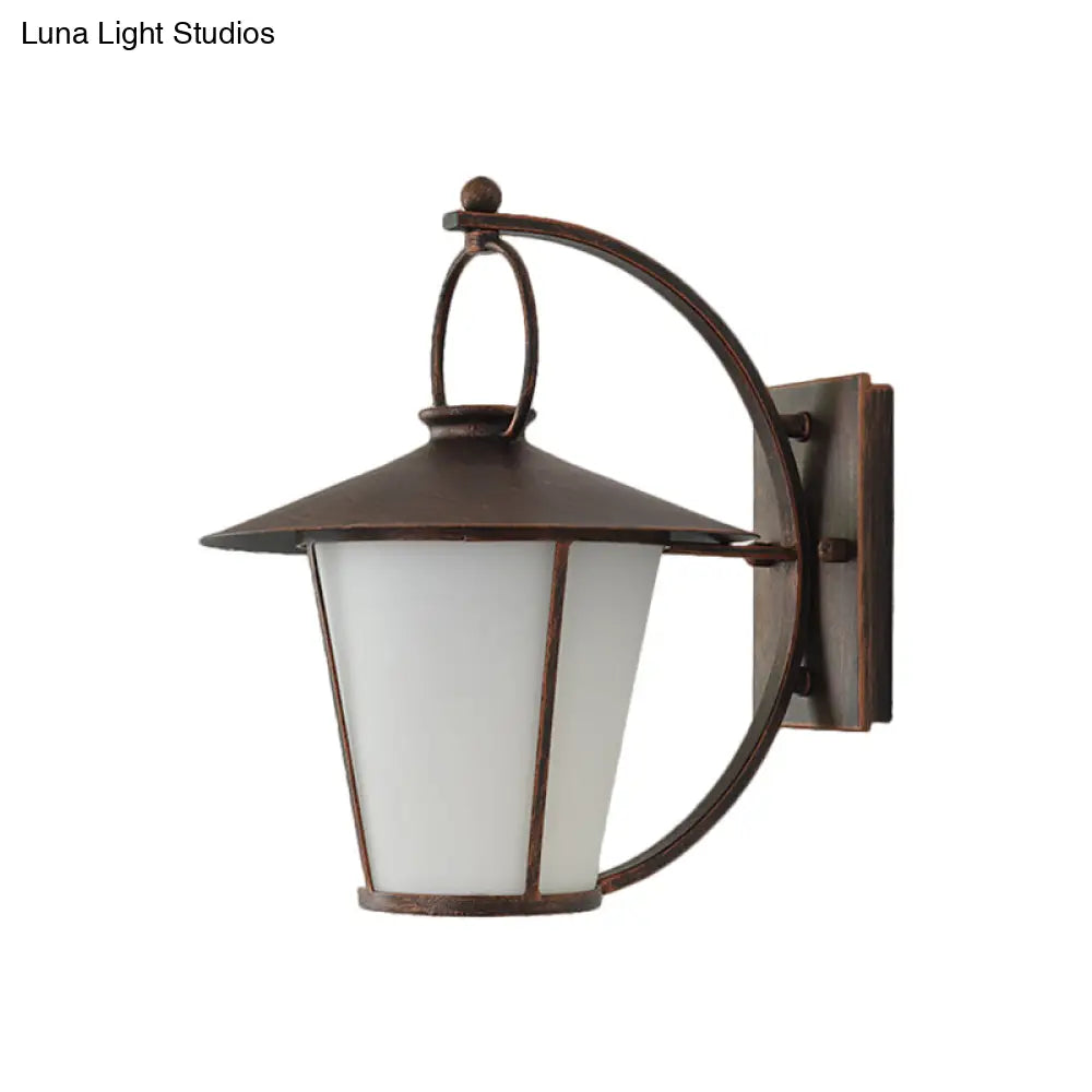 Vintage Conical Opal Glass Wall Mount Light - 1-Head Courtyard Lighting With Arc Arm Black/Brass