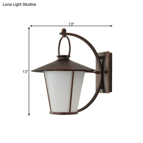 Vintage Conical Opal Glass Wall Mount Light - 1-Head Courtyard Lighting With Arc Arm Black/Brass