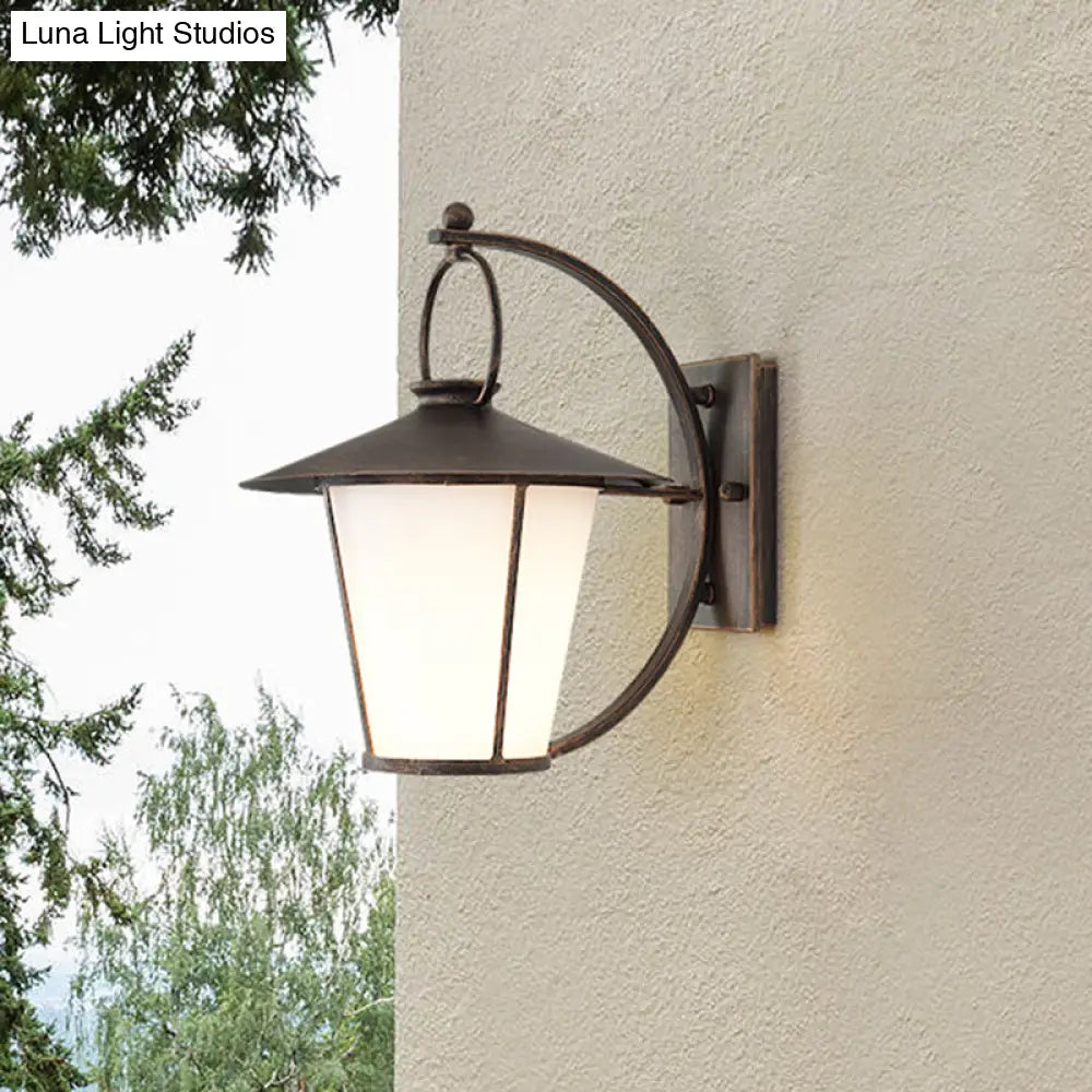 Vintage Conical Opal Glass Wall Mount Light - 1-Head Courtyard Lighting With Arc Arm Black/Brass