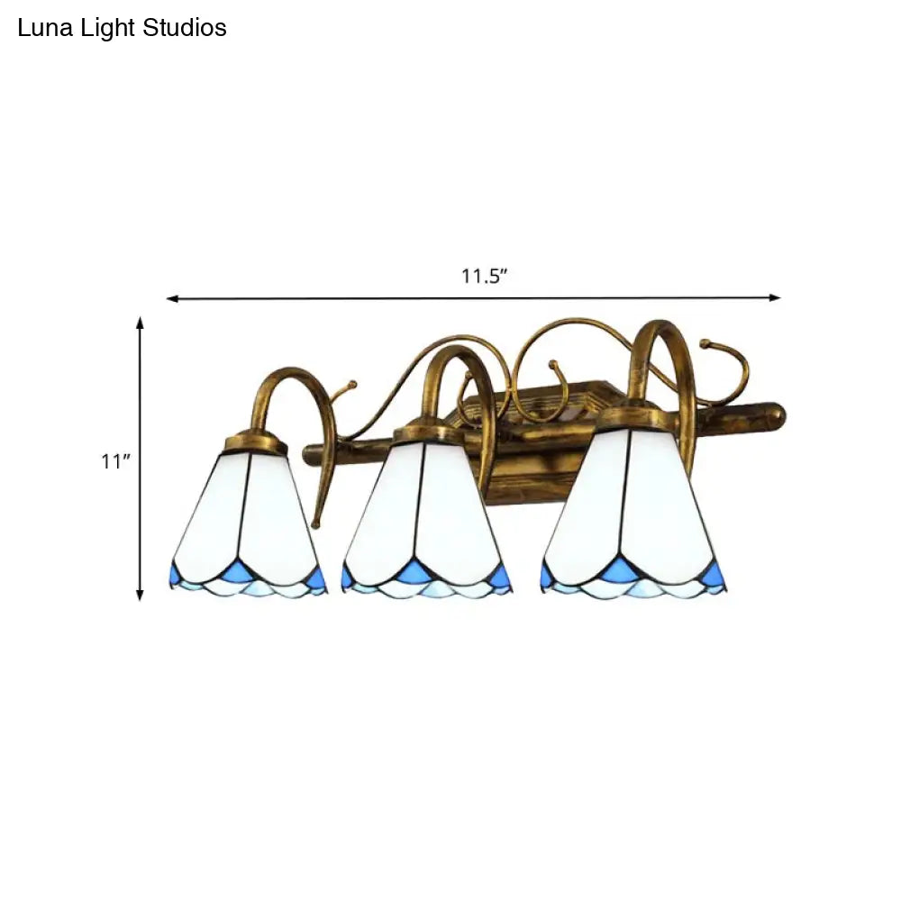 Vintage Conical Stained Glass Wall Sconce Light With 3 Lights In White - Bathroom Lighting