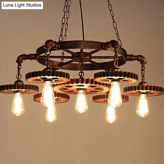 Antique Copper 7-Light Chandelier: Retro Industrial Metal Gear Pendant Lamp