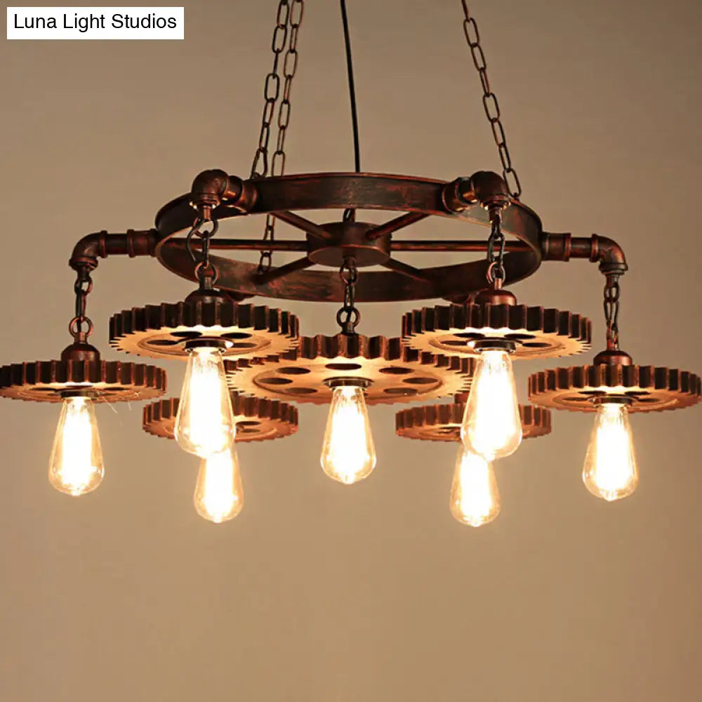 Vintage Copper Chandelier With 7 Lights - Retro Industrial Pendant Lamp In Gear Shape