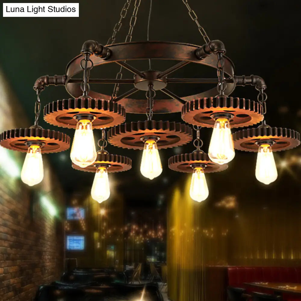 Antique Copper 7-Light Chandelier: Retro Industrial Metal Gear Pendant Lamp Weathered