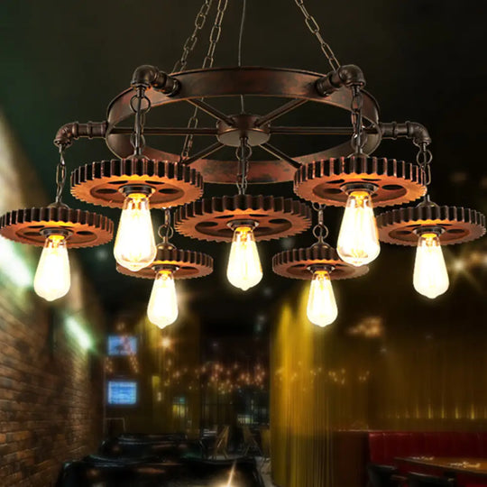 Vintage Copper Chandelier With 7 Lights - Retro Industrial Pendant Lamp In Gear Shape Weathered