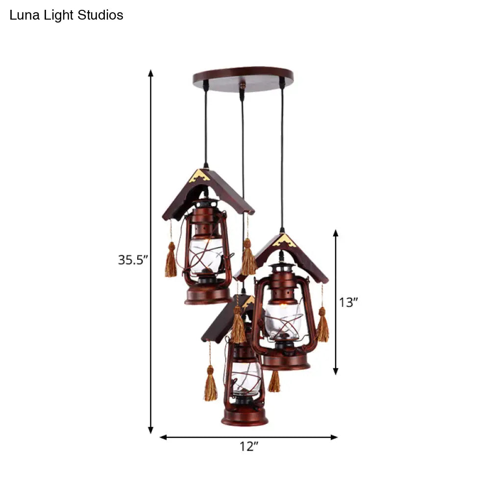 Vintage Copper Kerosene Pendant Lighting With Clear Glass And Wood Deco - Set Of 3 Ceiling Lights