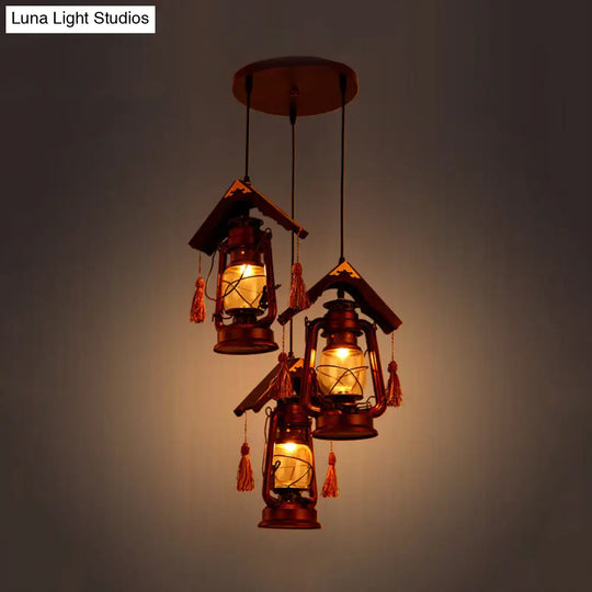 Retro Copper Kerosene Pendant Lighting With Clear Glass And Wood Roof Deco - 3 Lights For Dining
