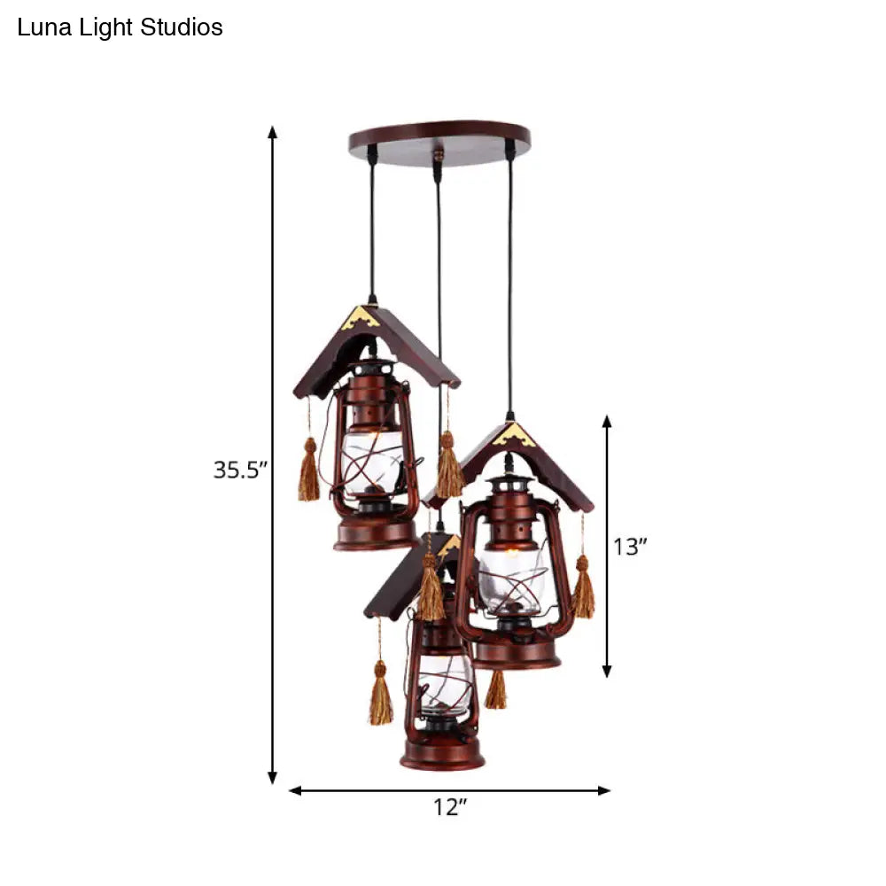 Retro Copper Kerosene Pendant Lighting With Clear Glass And Wood Roof Deco - 3 Lights For Dining