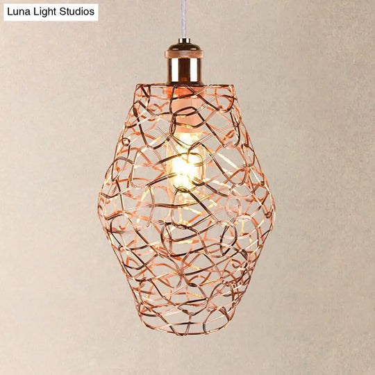 Vintage Copper Wire Guard Pendant Light With Shade - Metal 1-Light Living Room Hanging Lamp / B