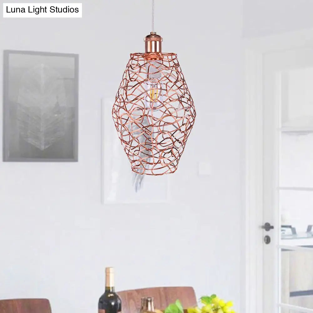 Vintage Copper Wire Guard Pendant Light - Industrial Metal Shade 1 Living Room Hanging Lamp