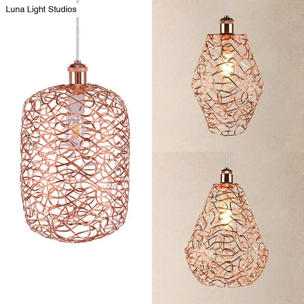 Vintage Copper Wire Guard Pendant Light With Shade - Metal 1-Light Living Room Hanging Lamp