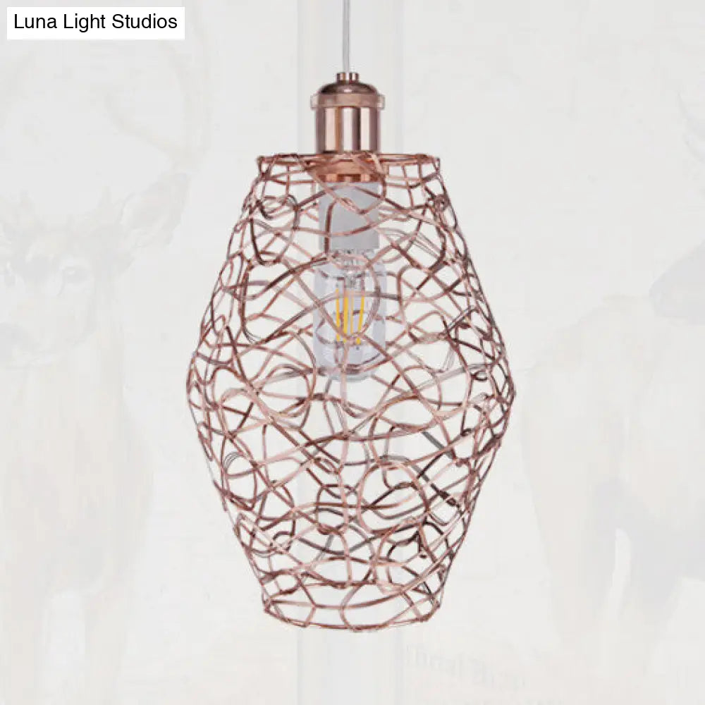 Vintage Copper Wire Guard Pendant Light With Shade - Metal 1-Light Living Room Hanging Lamp