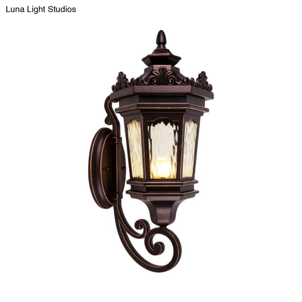 Vintage Country Lantern Wall Light With Clear Water Glass & Scrolled Arm - Dark Coffee Finish