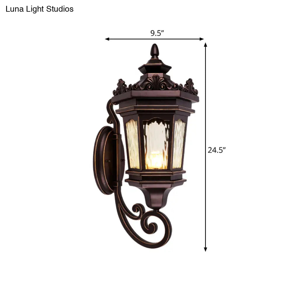 Vintage Country Lantern Wall Light With Clear Water Glass & Scrolled Arm - Dark Coffee Finish