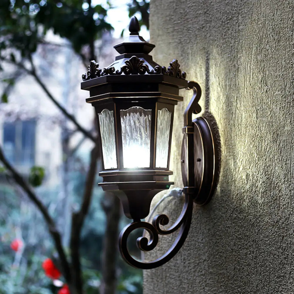 Vintage Country Lantern Wall Light With Clear Water Glass & Scrolled Arm - Dark Coffee Finish