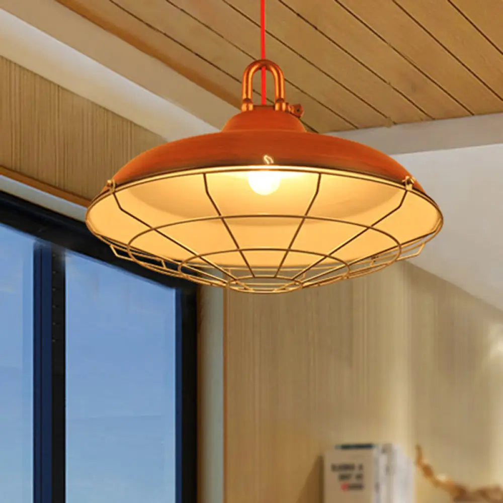Vintage Covered Cage Hanging Ceiling Light - Metal Pendant In White/Copper/Red Brown Red