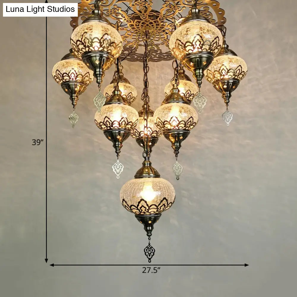 Vintage Crackle Glass Bronze Oval Chandelier With 10 Suspension Lights