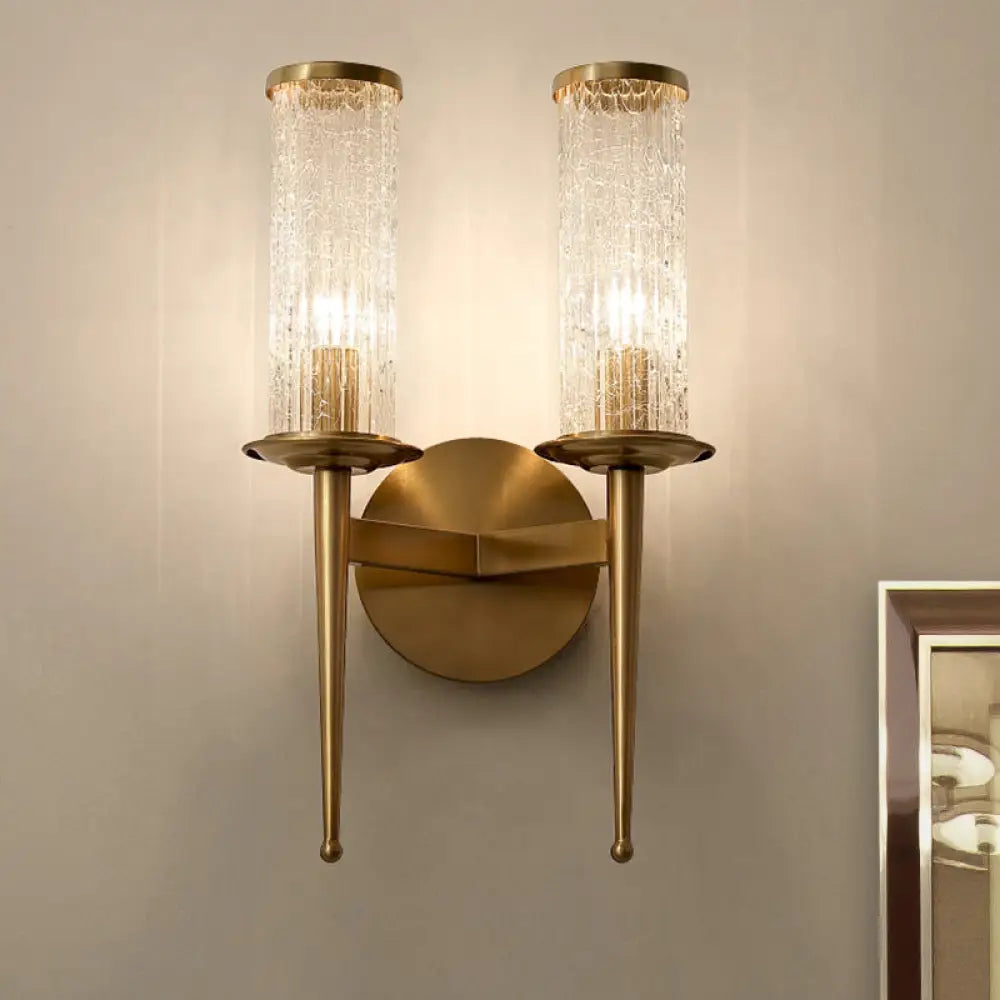 Vintage Crackle Glass Gold Wall Sconce With Metal Straight Arm - 1/2 Head Cylinder Light Fixture 2 /