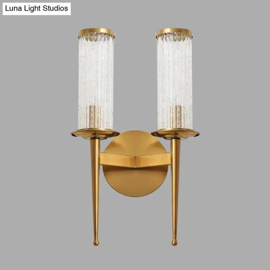 Vintage Crackle Glass Gold Wall Sconce With Metal Straight Arm - 1/2 Head Cylinder Light Fixture