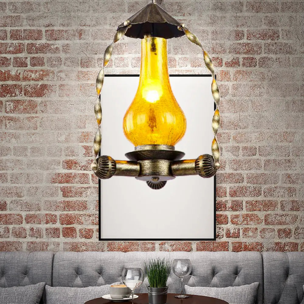Vintage Crackle Glass Kerosene Hanging Lamp With Brass Suspension For Coffee Shops