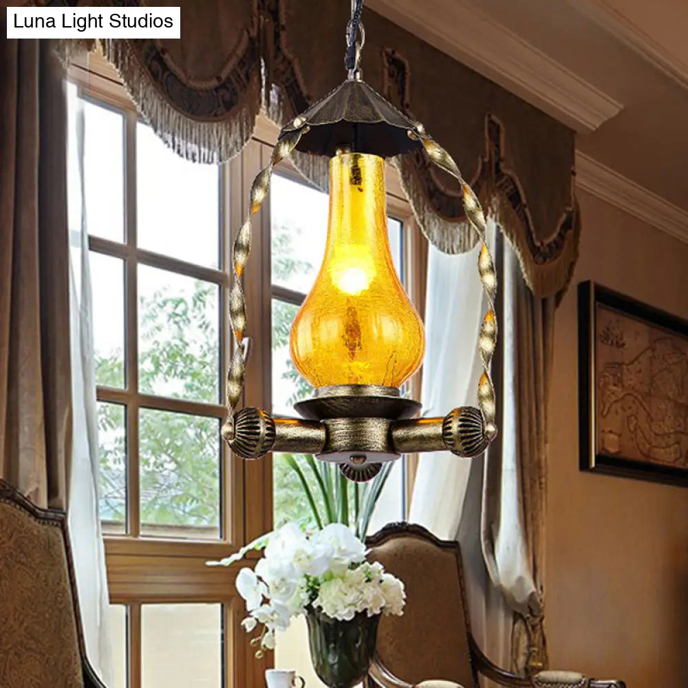 Vintage Crackle Glass Kerosene Hanging Lamp With Brass Suspension For Coffee Shops