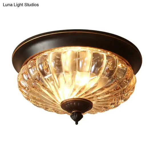 Vintage Crown Shape Flush Mount Light Fixture - 12’/10’ Wide Clear Ribbed Glass 2 Lights Black/Gold