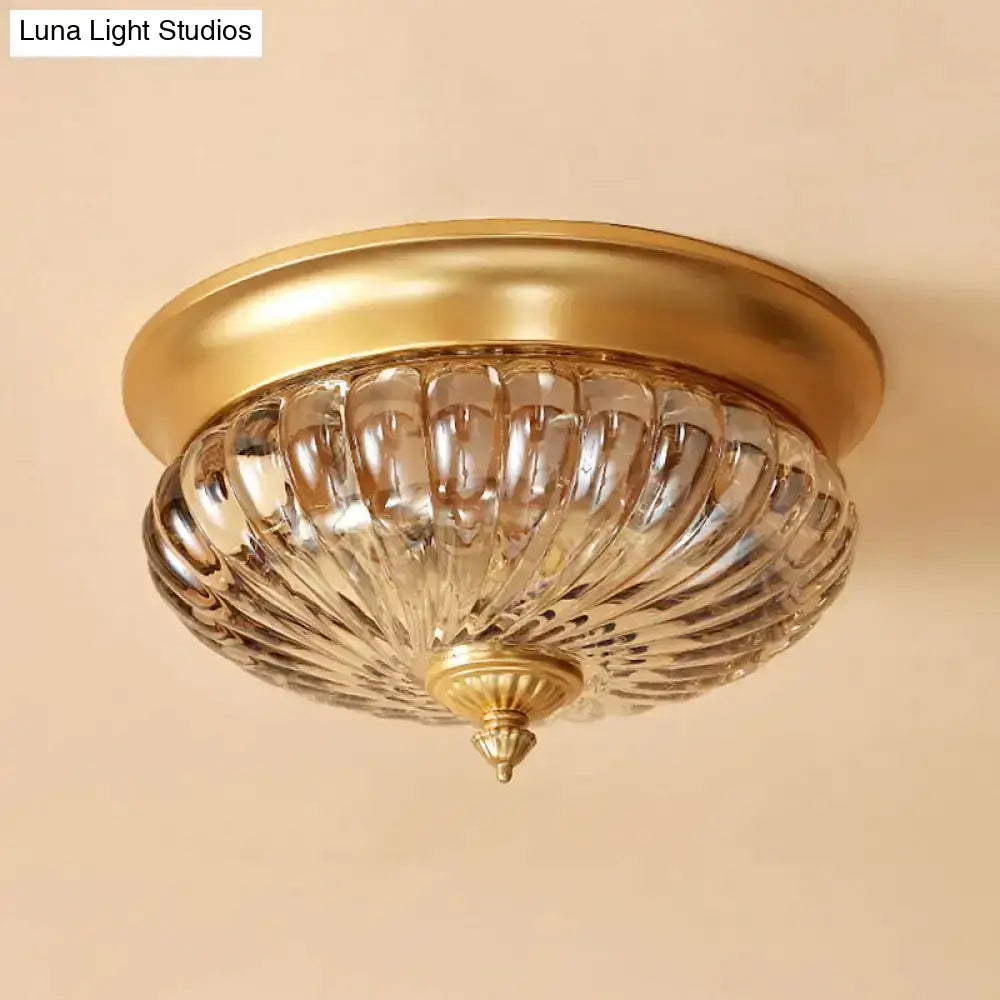 Vintage Crown Shape Flush Mount Light Fixture - 12’/10’ Wide Clear Ribbed Glass 2 Lights Black/Gold