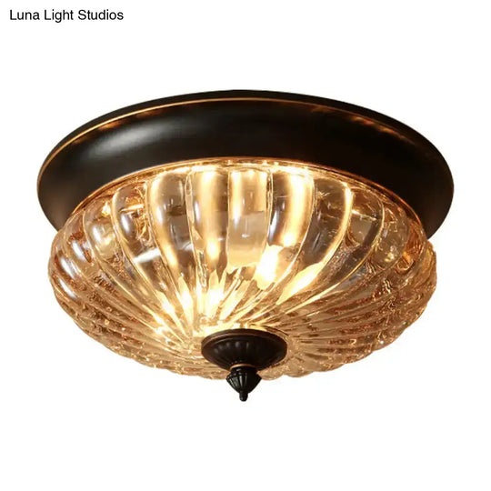 Vintage Crown Shape Flush Mount Light Fixture - 12’/10’ Wide Clear Ribbed Glass 2 Lights Black/Gold