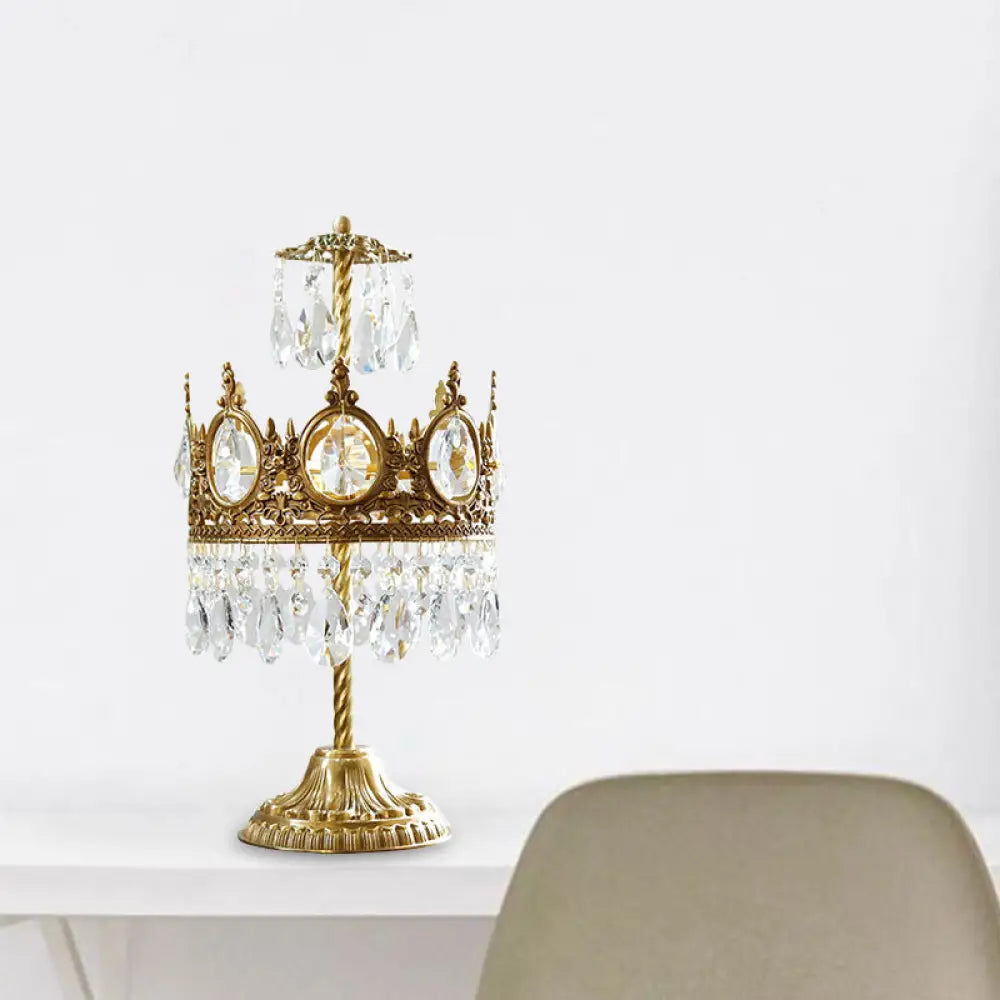 Vintage Crown Shaped Crystal Brass Nightstand Lamp - Bedroom Table Lighting