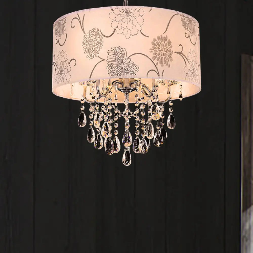 Vintage Crystal 5-Light Chandelier With Flower Pattern - Printing Fabric Shade Pendant Light In