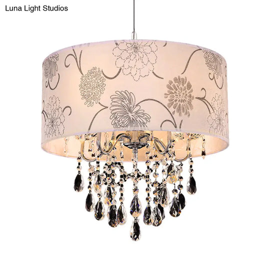 Vintage Crystal 5-Light Chandelier With Flower Pattern - Printing Fabric Shade Pendant Light In