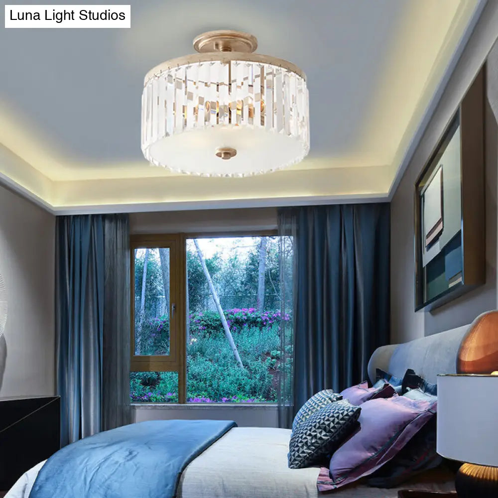 Vintage Drum Bedroom Semi Flush Mounted Ceiling Light - Clear Crystal Block Design With 3 Lights