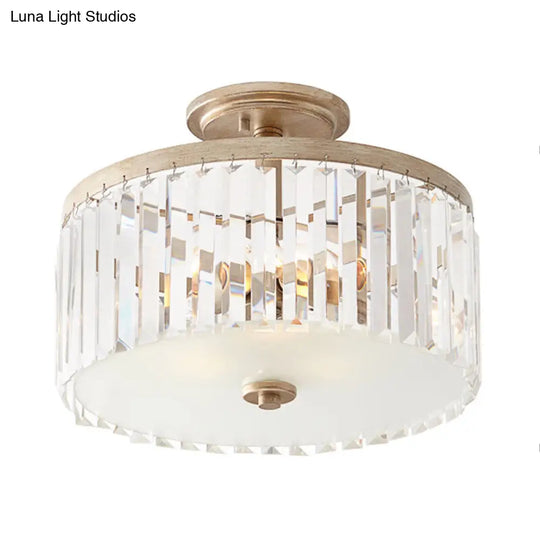 Vintage Drum Bedroom Semi Flush Mounted Ceiling Light - Clear Crystal Block Design With 3 Lights