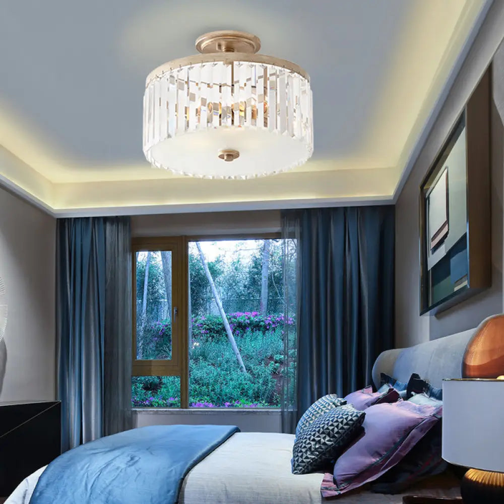 Vintage Crystal Block Ceiling Light With Clear Design - 3 Lights Semi Flush Mount For Bedroom Drum