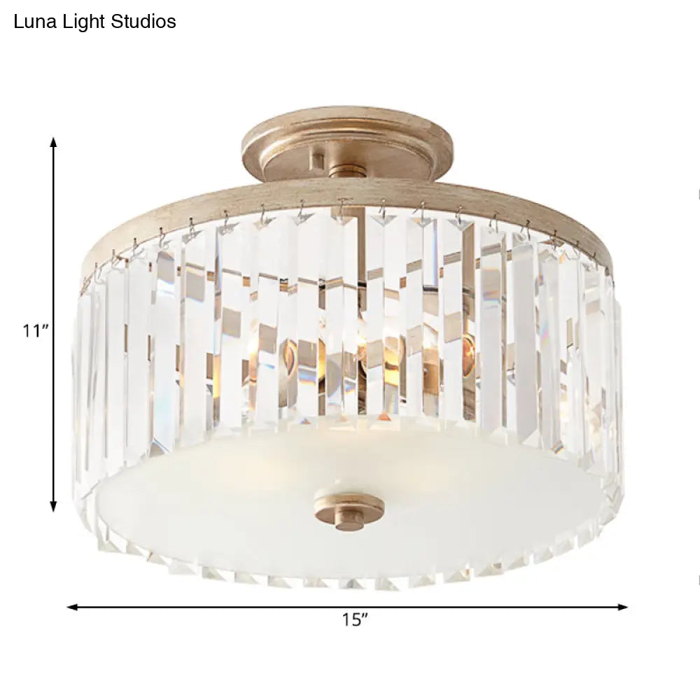 Vintage Crystal Block Ceiling Light With Clear Design - 3 Lights Semi Flush Mount For Bedroom Drum