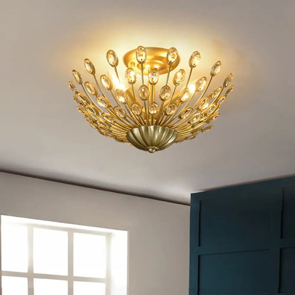 Vintage Crystal Bowl Semi-Flush Ceiling Lamp With Gold Finish For Bedroom - 3 Bulbs