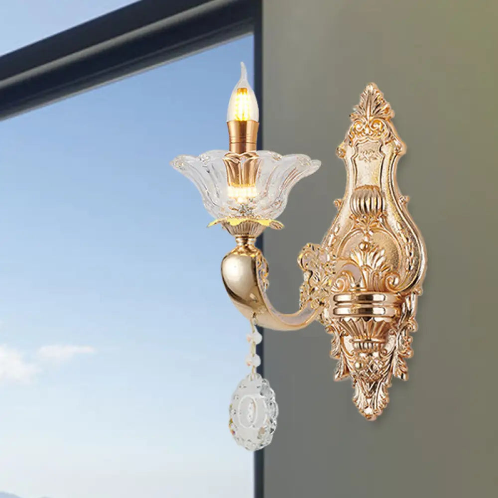 Vintage Crystal Glass Wall Sconce Light With Gold Finish - Retro Candlestick Mounted Half Bulb