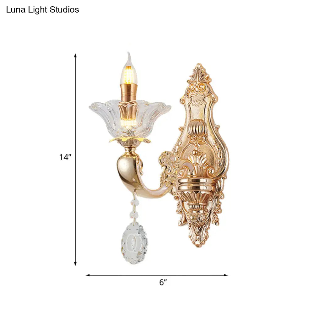 Vintage Crystal Glass Wall Sconce Light With Gold Finish - Retro Candlestick Mounted Half Bulb